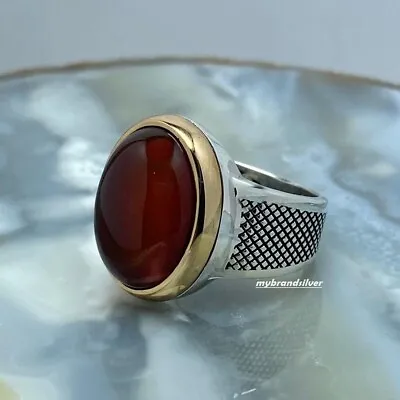 925 Sterling Silver Turkish Handmade Jewelry Red Agate Men's Ring All Size • $62