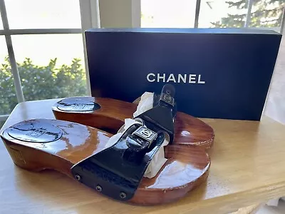 Nib Vintage Authentic Chanel Dark Brown Wood Slides/mules Sz 40 • $200