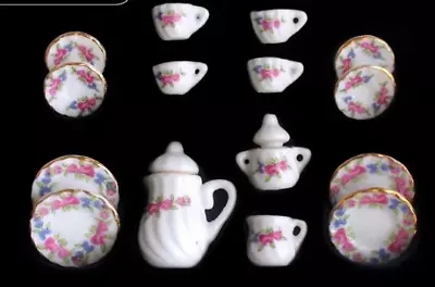 Dollhouse Miniature Porcelain Dinnerware Coffee Tea Pot Cups Dish Set Tableware • $11.99