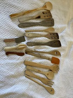 Wooden Spoons Utensils Kitchen Vintage Cottage Core Farmhouse Lot Of 15 • $29.99