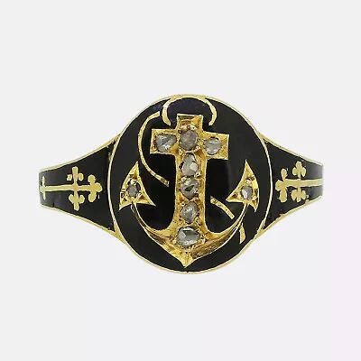 Victorian Rose Cut Diamond And Enamel Anchor Signet Ring - 18ct Yellow Gold • £3850