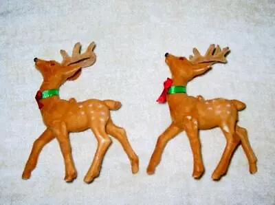 (2) Montgomery Ward Vintage Flocked REINDEER Christmas Ornaments - 5  In. • $17.99