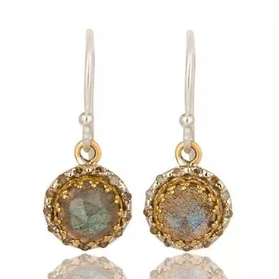 Labradorite Gemstone 925 Silver And 18k Gold Hook Diamond Earrings Jewelry • $200.34