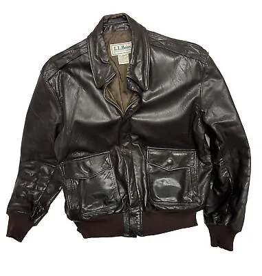 VTG LL BEAN Mens Size 40 Leather Dark Brown Bomber Jacket Talon Zip Wool Trim • $249.99