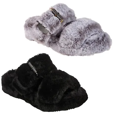 £34.95 • Buy Skechers Womens Wedge Slide Sandals Faux Fur Cozy Slip On Memory Foam Slippers