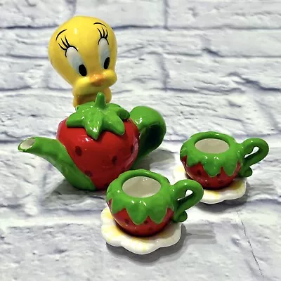 Vintage Tweety Strawberry Mini Tea Set Cup Saucer Warner Bros Looney Tunes 2000 • $32.99