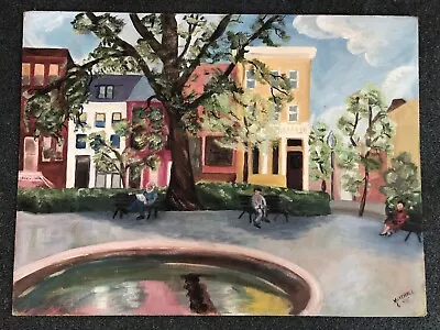 ORIGINAL Painting ON BOARD MID CENTURY CITY STREET BY MARTHA MITCHELL 24”x18” • $39.99