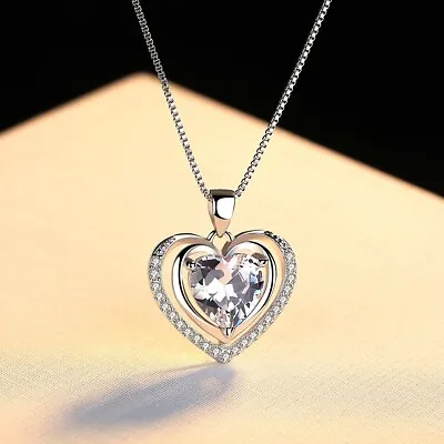 £3.99 • Buy 925 Sterling Silver Double Heart Stone Chain Pendant Necklace Womens Jewellery