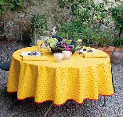 TISSUS TOSELLI Calisson Yellow /Red French COATED Cotton Tablecloth 60  Round • $78