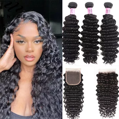 UNice Mongolian Deep Curly Wave Bundles Human Hair Weaves With Lace Closure Weft • $160.47