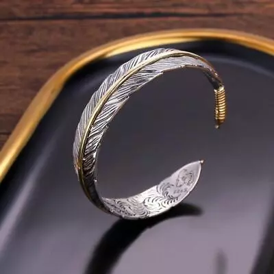 Women Men Retro Vintage 925 Sterling Gold Silver Feather Cuff Bangle Bracelet • $6.99