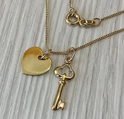 Gold Over Sterling Silver Key & Heart Necklace Personalised Engraving Gift Box • £22.50