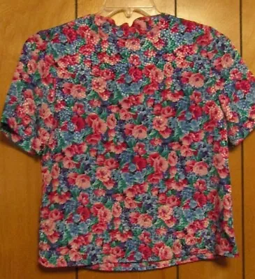 Vintage 80's Anna Kristie Floral Blouse Size Petite Short Sleeve Top Cottagecore • $6.38