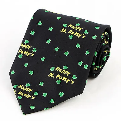 Happy St Patrick's Day Mens Neck Tie Irish Holiday Green Shamrock Black Necktie • $14.95