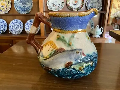 English 19th Century Victorian Majolica Pitcher Fish Ocean Shell Seaweed C1890 • $245