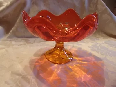 Vintage Viking Orange Amberina Footed Compote Candy Dish Ruffled Edge 6 Petal • $15