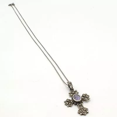 925 Silver Marcasite Amethyst Necklace Pendant Celtic Cross Goth 80s 19in 6g • $9.99