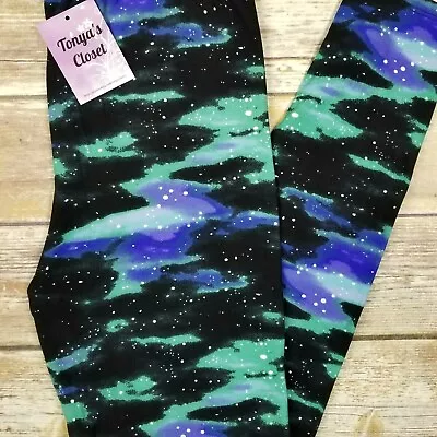 Green Blue Space Galaxy Print Leggings Galaxy Outer Space Night Sky ONE SIZE OS  • $10.91