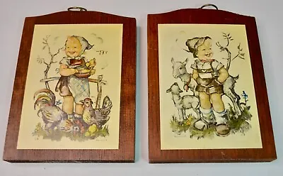 Vtg Pair GOEBEL HUMMEL Character Wood Wall Plaques Girl & Chickens Boy & Lambs • $14.99