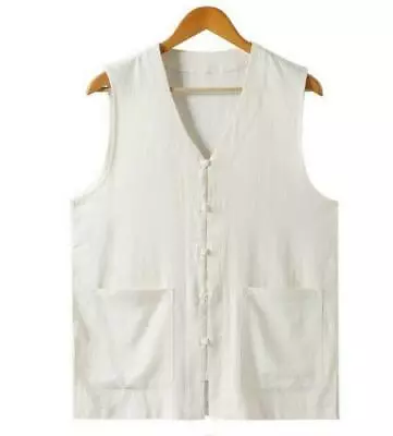 Men's Linen Ethnic Style Sleeveless Jacket Vest V Neck Summer Loose Waistcoat • $55.33