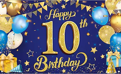 Blue And Gold Happy 10Th Birthday Banner - 72X44 Inch 10 Birthday Decorations  • £16.94