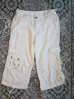 Da Nang Y2K Cargo Pants Womens Small Wide Leg Crop Cream Silk Blend Surplus • $49.90