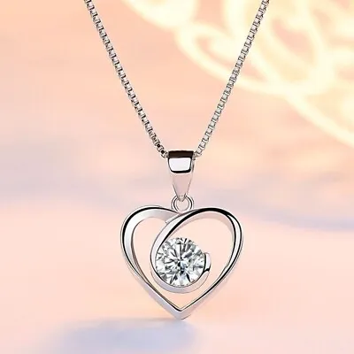 £3.49 • Buy 925 Sterling Silver Crystal Heart Swirl Pendant Necklace Women Girls Jewellery 