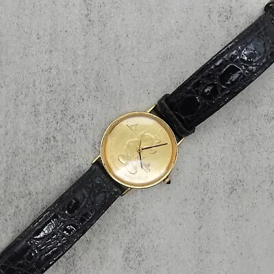 Vintage Lorus Watch Mickey Mouse Gold Tone Coin Dial Black Band NEW BATTERY • $27.99