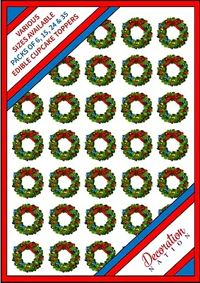 35 X Christmas Wreath Edible Cupcake Cake Toppers Wafer Icing Xmas Holly Bow • £3.79