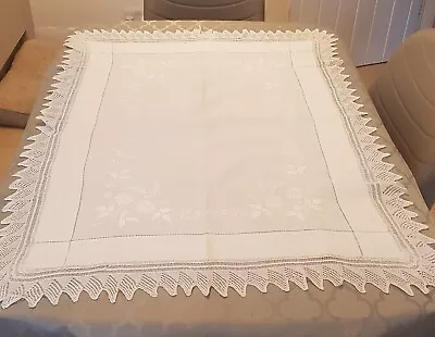 Antique Hand Embroidered Linen Tablecloth  With White Vintage Lace Edging • £15