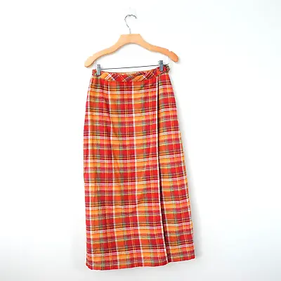 VINTAGE Western Plaid Skirt Womens Medium Cotton Wrap Midi Madras ST JOHNS BAY • $38.88