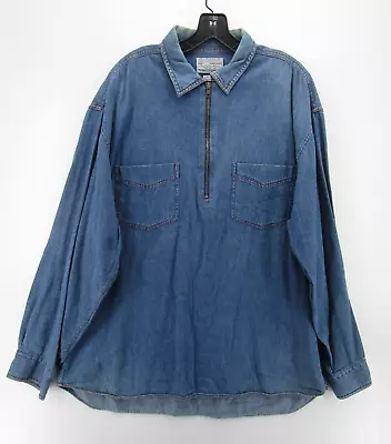 VINTAGE Shirt Men XL Blue Denim 1/2 Zip Pockets Work Cotton 90s 80s Collared * • $26.99