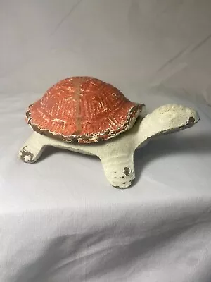 Vintage Cast Iron Hinged Turtle Trinket Box Painted Textured Orange Shell MCM • $24.88