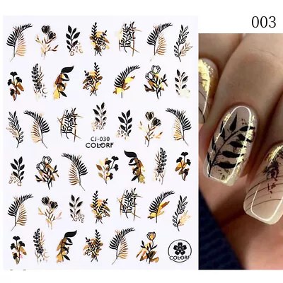 Black Gold 3D Nail Stickers Leaf Abstract Line Pattern Nail Decals Decoration • $0.99