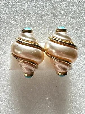 Vintage Kenneth Jay Lane KJL Shell Earrings Gold White Turquoise • $55