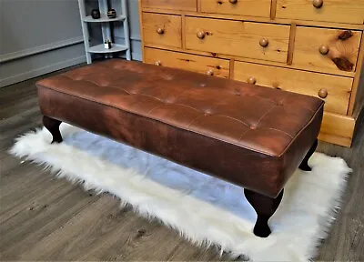 £145 • Buy Stylish  Button Footstool In Chestnut Faux Leather With Queen Anne Mahogany Legs