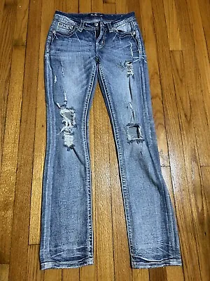 Miss Me Jeans Womens 27 Straight Rhinestone Back Pockets Distressed Ripped • $16.50