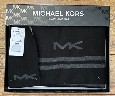 Michael Kors Men's 2 Piece Hat And Scarf Reversible Set Black/Grey - NIB W/ Tag • $46.99