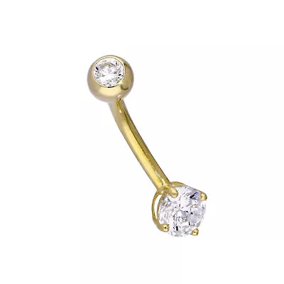 9ct Gold & 6mm Clear CZ Crystal 14Ga Belly Bar Piercing Stomach • £66