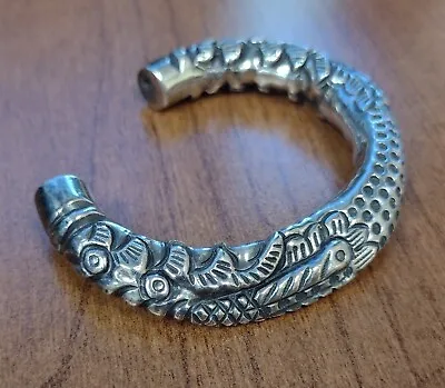 Vtg Asian Artisan 925 Sterling Silver DRAGON SERPENT REPOUSSE Cuff Bracelet  • $34