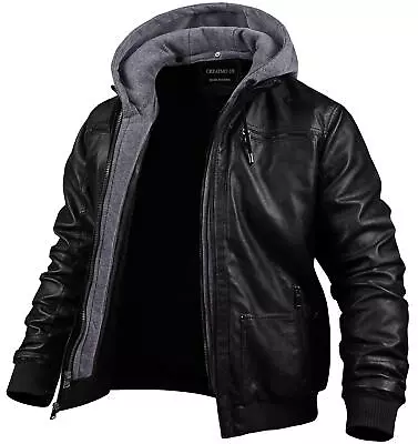 Vintage Bomber Hoodie With Removable Hood Mens Motorcycle Leather Jacket • $96.75