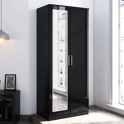 Black High Gloss 2 Doors Wardrobe Bedroom Furniture Storage With Hanging Rail • £125