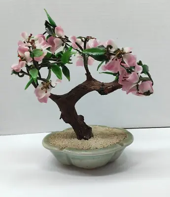 Vintage Chinese Peking Glass Stone Jade Cherry Blossom Bonsai Tree Pink Flowers • $49.99