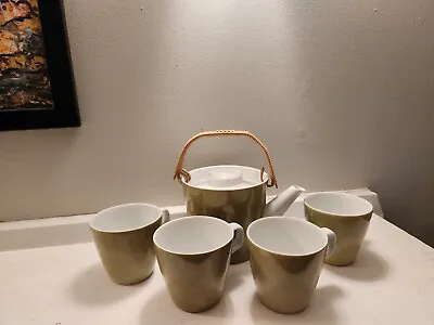 Mikasa Elite Olive Green & White Mid Century Modern Design Tea Pot & 4 Mugs Set • $8