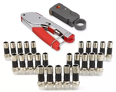 RG6 Coaxial Cable Wire Stripper Crimper Coax Tool Kit + 25 Compression Fittings • $24.92