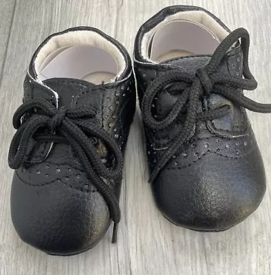 Baby Boy Black Shoes Faux Leather Party Soft Sole Pram Lace Up Shoes 12-18 Month • £4.49