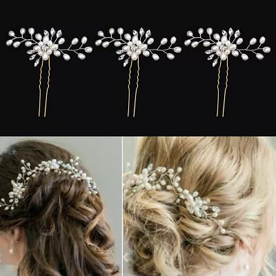 3/5Pcs Pearl Hair Pins Flower Diamante Crystal Clips Prom Wedding Bridal Party • $6.59