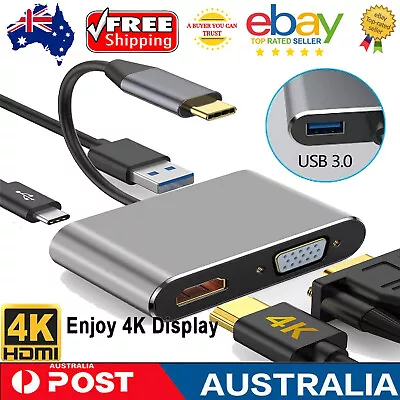 $31.99 • Buy 4in-1 Type C Hub USB 3.0 Charging Port USB-C To 4K HDMI VGA Dual Display Adapter