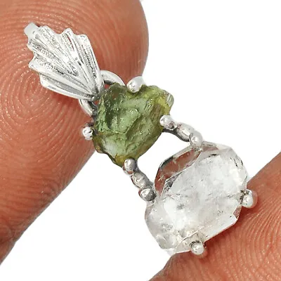 Natural Herkimer Diamond - USA & Moldavite 925 Silver Pendant SQ1 CP21292 • $20.99