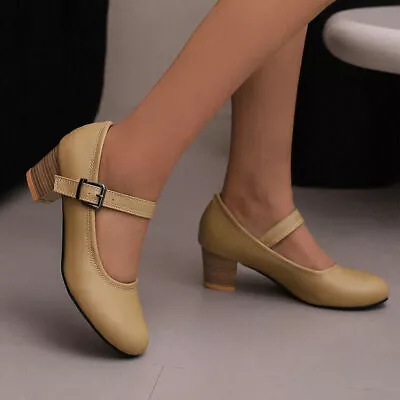 Women Retro Ankle Strap Round Toe Chunky Heels Pumps Buckle Mary Jane Shoes 4-13 • $44.70